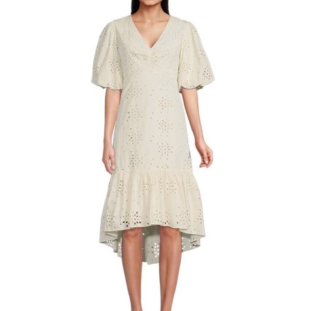 GIBSON & LATIMER Short Puffed Sleeve High-Low Ruffled Hem Eyelet Midi Dress NWT